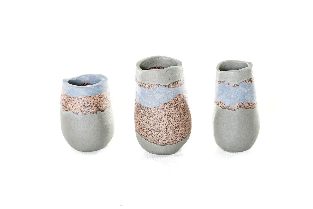 Group of Three Medium Vessels Blue & Flecked